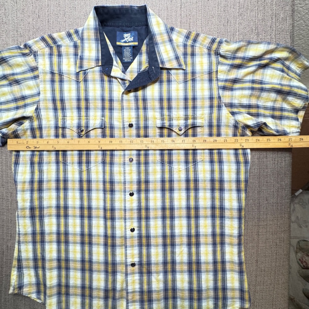 Wrangler Twenty Xtreme Mens Large Yellow Blue Plaid Western Snap Shirt MJ3523M - Picture 4 of 7
